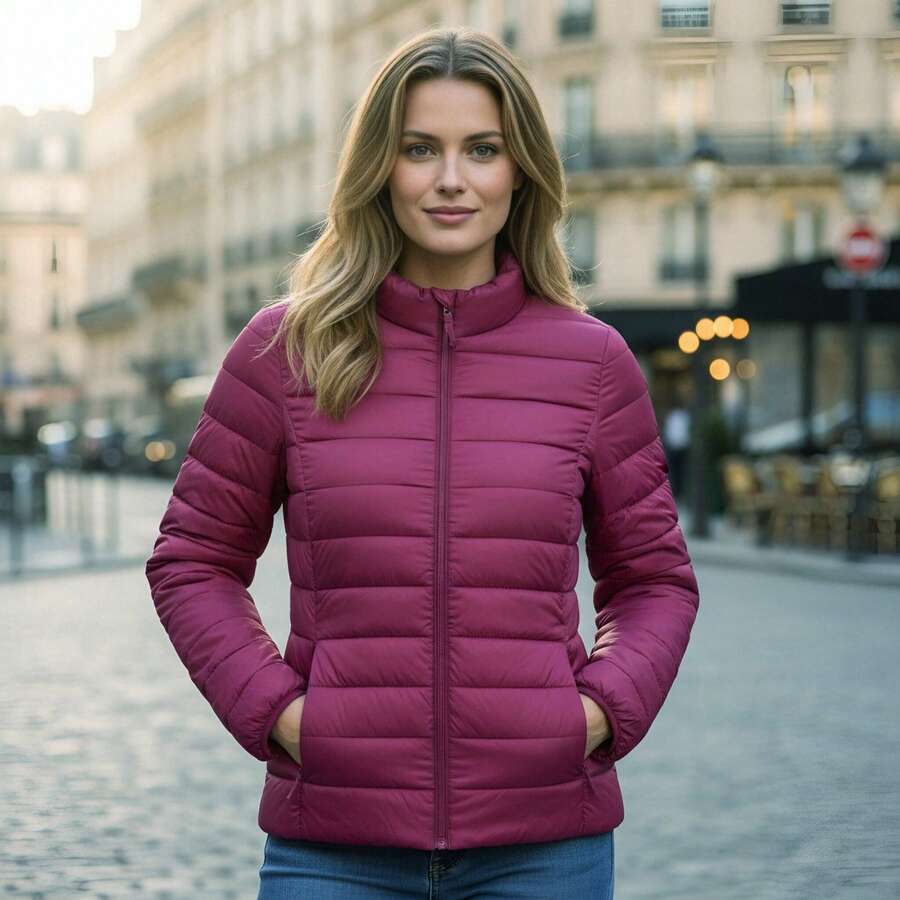 大码女式绗缝外套，轻便保暖，拉链设计，舒适剪裁，实用口袋，寒冷天气的理想之选，日常百搭款式。 - 粉色 - 查看 1