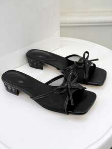 女士凉鞋，夏季厚跟露趾罗马系带蝴蝶结角斗士凉鞋，网面女士拖鞋 - 黑色 - 查看 5