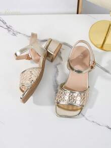 Girls' High-End Fashion Elegant Party Dress Sandals, Solid Color Open Toe High Heel Sandals, Breathable & Lightweight Formal Shoes, Mesh With Beaded Design, Suitable For Party, Performance, Banquet, Wedding, Square Toe High Heel Sandals - Gold - View 4