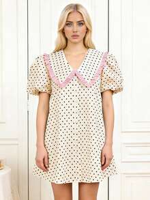 Women's Baby Doll Mini Dress Summer Floral Print Loose Bubble Short Sleeve Collared Dress - 杏色 - 查看 1