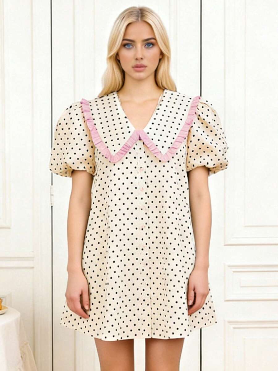 Women's Baby Doll Mini Dress Summer Floral Print Loose Bubble Short Sleeve Collared Dress - 杏色 - 查看 1
