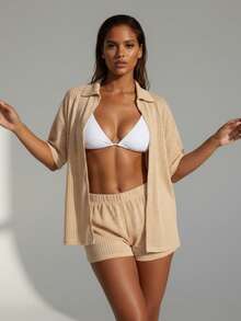 Women's Beach Cover-Up Set In Lightweight Fabric - One Size - 米色 - 查看 5