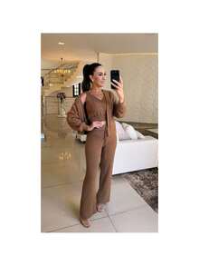 Women's Winter Three-Piece Set In Mousse Knit, Elegant Premium Mousse - 駝色 - 查看 2