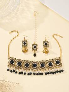 4件套时尚奢华水钻首饰套装，新娘首饰，仿珍珠发链、吊坠耳环和串珠流苏项链，适合女士婚礼、日常佩戴。 - 四件套 - 查看 6