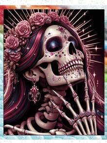 骷髅女人钻石画套装，成人款，全钻钻石点画，适合初学者，圆形5D钻石画，宝石艺术绘画套装，DIY工艺品 - 彩色 - 查看 1