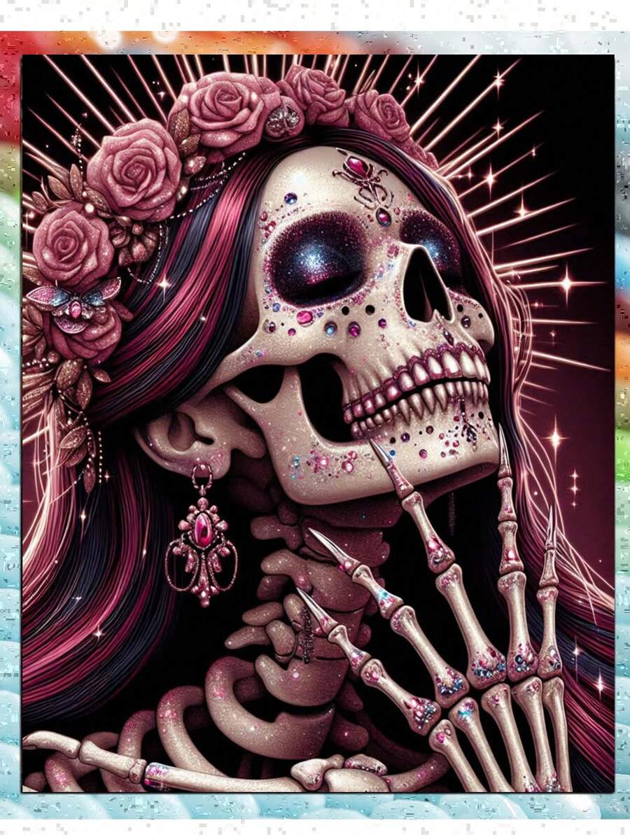 骷髅女人钻石画套装，成人款，全钻钻石点画，适合初学者，圆形5D钻石画，宝石艺术绘画套装，DIY工艺品 - 彩色 - 查看 1