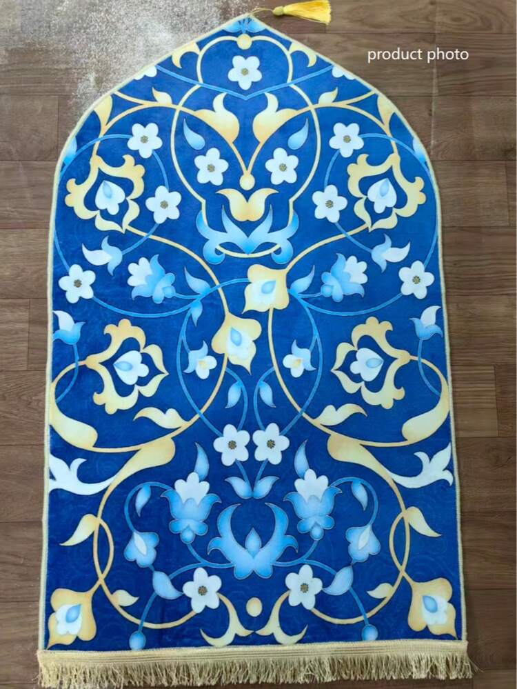 1 pieza Alfombra decorativa con fondo azul y flores blancas, alfombra floral, tapete con bordes con flecos, alfombra lavable - Multicolor - Añade 3