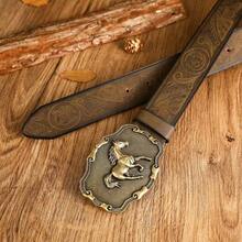 3.7cm Wide Unisex Western Horse Head Style Cowboy Belt Buckle, Smooth Buckle With Floral Print Perforated Round Holes - Khaki - View 3