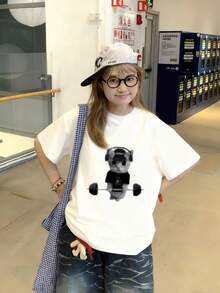 1pc Women's Casual Loose T-Shirt, 2026 Spring/Summer New Design, Pixel Graphic Cute Cat Print, Versatile Round Neck Top For Daily, Student Wear - White - View 2