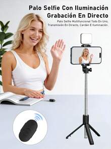 1,7 m Palo de selfie inalámbrico Bluetooth con trípode y luz de relleno LED, soporte de teléfono portátil de acero inoxidable giratorio 360°, ligero y compacto, compatible con iPhone 16/15/14/13/12/11/XS/XR/X/Plus, Galaxy S25/S24/S23/S22 Ultra y smartphones Android, incluido GoPro, adecuado para viajes, selfies, vacaciones, luz de relleno, actividades al aire libre, transmisión en vivo, vlogging, etc. - Unitalla - Ver 3