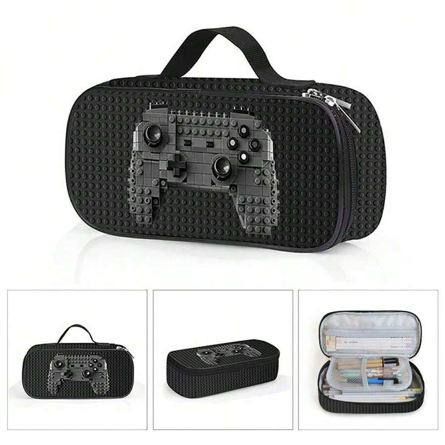 男女通用印花游戏图案铅笔盒，带隔层，可装铅笔、钥匙、手机、硬币、小物件，适合学校、家庭、送礼、度假、节日（返校季、圣诞节）使用。 - 遊戲黑色 - 查看 1