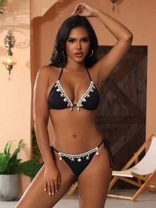 New Soft Spaghetti Straps Halter Open Back Shell Decor Swimwear Set Vacation Beach Black Summer - Black - View 5