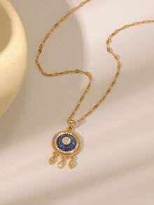 女士奢华太阳/生命之树/捕梦网/邪眼吊坠项链，高光泽镀金锆石链，通勤和约会皆宜 - 金色 - 查看 5