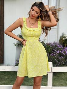 Women's Bohemian Style Sleeveless Square Neck Mini Dress, Ruffled And Knotted Backless Dress, Cutout Waist Beach Vacation Mini Summer Dress - Yellow - View 3