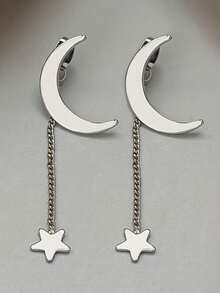 1 Pair Minimalist Moon & Star Stud Earrings, Front & Back Wear Design Earrings - Multicolor - View 4