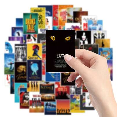 52 pegatinas de vinilo musicales, calcomanías de carteles de teatro de dibujos animados para portátil, teléfono, guitarra, monopatín, maleta, scrapbook - autoadhesivas, formas asimétricas para superficies de madera, vidrio, metal, cerámica - ideal para recuerdos de fiesta, regalos para Navidad, Acción de Gracias, Año Nuevo, grafiti, botella de agua, bicicleta de coche, viaje al aire libre