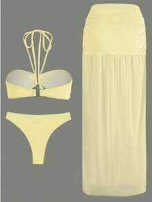 Bộ bikini hai dây màu trắng 3 món, bao gồm váy maxi xẻ tà xuyên thấu, đồ bơi gợi cảm cho nữ mùa hè, đi nghỉ mát bên hồ bơi, đi biển. - Vàng nhạt - Xem 6