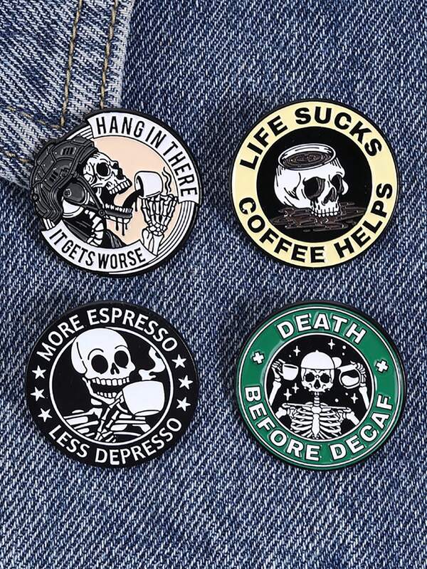 1PCEdgy Skull & Coffee Enamel Pins - Funny Slogan Brooches Badges For Backpack Jacket Hat, Cool Gift For Coffee Lovers & Goth Fans