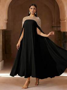 عباءة كفتان أنيقة بياضاء طويلة الأكمام، مزينة بخرز فاخر، عباءة طويلة فاخرة، كريمة ومناسبة، فستان نسائي بطراز عربي - الأسود - مشاهدة 4