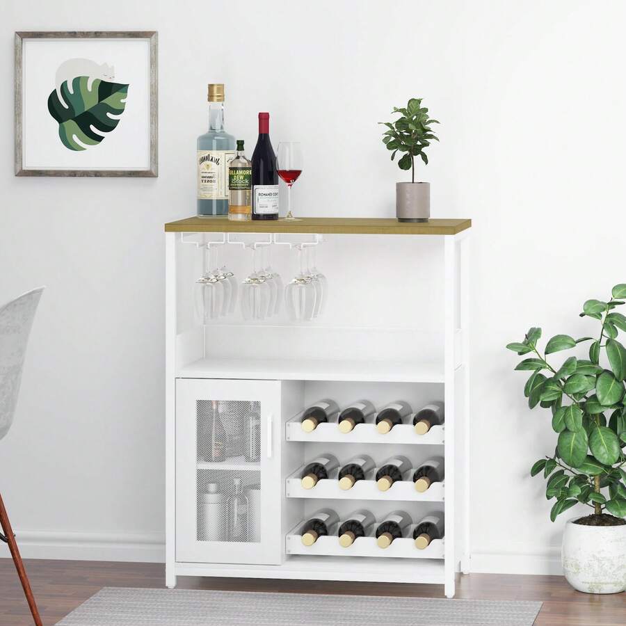 Armario de Bar de Vino Moderno de 36 Pulgadas con Puerta de Malla - Estante de Vidrio Ajustable y Estantes Extraíbles para Almacenar Licores, Armario de Bar Libre para Cocina y Comedor - Blanco - Ver 1