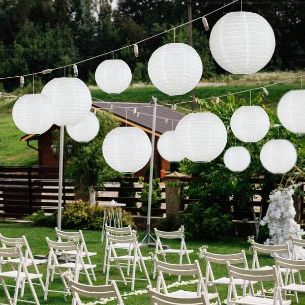 21pcs White Paper Lantern Set, 10"/8"/6"/4" Hanging Paper Lanterns, Suitable For Wedding, Engagement, Birthday And Graduation Ceremony - Elegant Striped Design, No Electricity Or Battery Required