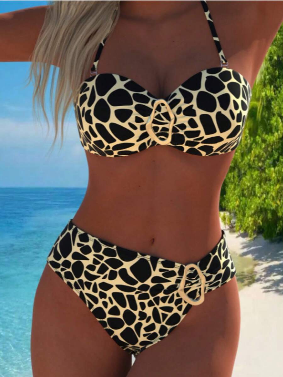 两件套豹纹系带性感比基尼套装，夏季度假沙滩装 - 豹紋 - 查看 1