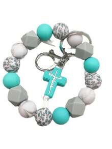 New Cross Silicone Bead Keychain Cross Charm Bracelet Style Keyring For Women Men Teens Daily Use Gift Limit One Per Order - Mint Blue - View 3