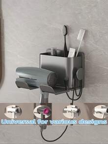 1pc Plastic Wall-Mounted Hair Dryer Holder - Bathroom Hair Dryer Storage Rack, No Drilling Required With Plug Hook - Multicolor - View 6