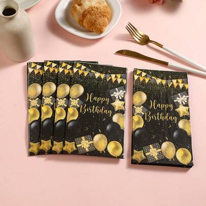 33*40CM 20pcs/Pack Black & Gold Happy Birthday Print Disposable Napkins, Suitable For Birthday Party Decoration