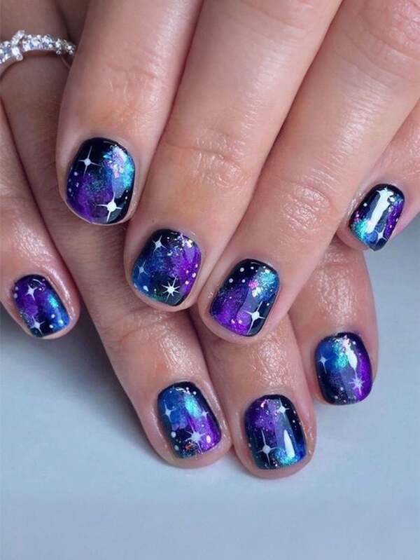 24pcs Blue Purple Starry Sky Halo Press On Nails Short, Nails Supplies Art Perfect For Everyday Wear