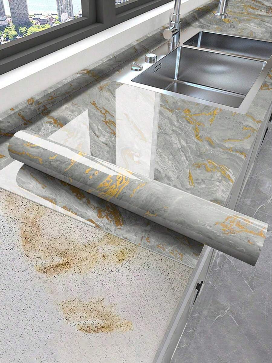 1roll Glossy Marble Wallpaper Peel And Stick Kitchen Counter Top Covers Gery Contact Paper For Countertops Waterproof Laminate Renter Friendly Countertop Vinyl Wrap Marble Table Desk - Multicolor - View 1