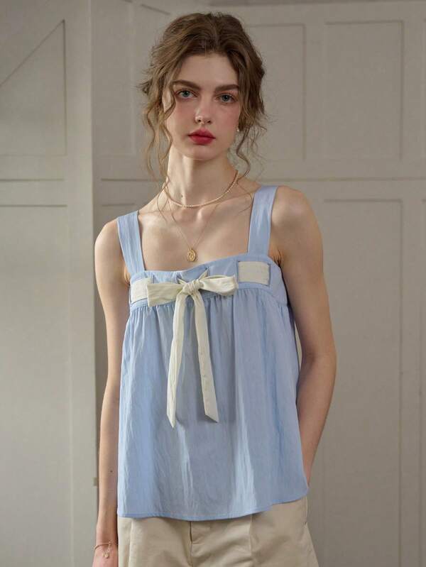 Simple Retro 女士方领可爱蝴蝶结褶皱撞色系带吊带背心，适合夏季穿着