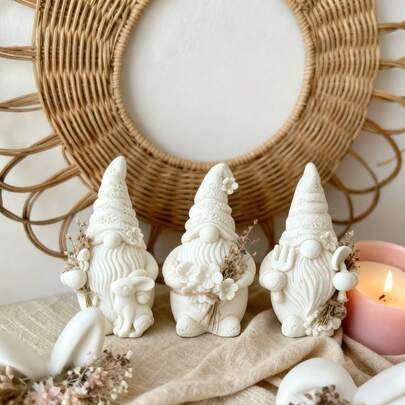 3件套复活节花园小矮人树脂硅胶模具 - 易脱模可重复使用多用途工艺模具，适用于DIY蜡烛制作、环氧树脂、粘土和石膏装饰，是复活节礼物和春季家居装饰的完美之选。