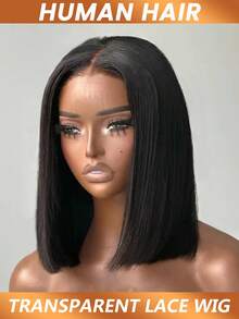 13*4 透明蕾丝前假发，预先拔毛的波波头直发短款真人发假发，适合女性，150% 密度 - Natural Black - 查看 4