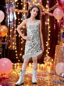 LONTAKIDS Girls Sequin Dress Kids Sparkly Gown For Christmas Birthday Party Wedding With Spaghetti Strap Detachable Feather Hem - 銀色 - 查看 3
