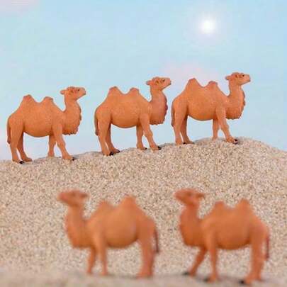 5 piezas Figuras en miniatura de camellos del desierto - Estatuas de camellos de plástico realistas con jorobas detalladas y ojos expresivos, adecuadas para jardín, decoración de fiestas con temática del desierto, juego de castillos de arena en interiores, decoración de paisajes del desierto árabe, escultura animal creativa DIY, adornos de jardinería, decoración de sobremesa, decoración de Ramadán, artesanías de resina duraderas