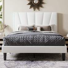 Allewie Full/Queen/King Size Bed Frame With Adjustable Velvet Upholstered Headboard, Rivet-Style Nailhead Trim Detail Platform Bed Frame, Wooden Slat Support, No Box Spring Needed, Easy Assembly, White - trắng - Xem 2