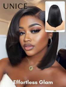Wig Bye Bye Knots 7x5 Lace Closure Side Part Layered Bob Glueless Wig With Side Swept Bangs With Invisible Drawstring Natural Hairline Pre Cut Pre Pluck Pre Bleached Tangle-Free Transparent Lace 100% Human Hair Beginner Friendly Wear Go Unice Hair - SNatural - View 2