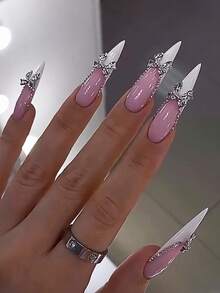 French Nail Acrylic 24Pcs Stiletto Press On Nail Tips, DIY Art Bow/Diamond Accessories Decorative 3D Fake Nail Set For Nail Salons, Girls And Women Nail Supplies For Daily Wear, Holiday Parties, And Gifts - Multicolor - View 1