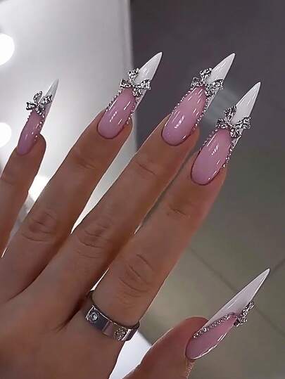 French Nail Acrylic 24Pcs Stiletto Press On Nail Tips, DIY Art Bow/Diamond Accessories Decorative 3D Fake Nail Set For Nail Salons, Girls And Women Nail Supplies For Daily Wear, Holiday Parties, And Gifts