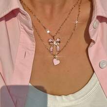 1件双层可爱甜美蝴蝶结爱心项链，粉色珐琅爱心吊坠锁骨链，适合日常佩戴，情人节礼物 - 粉色 - 查看 3