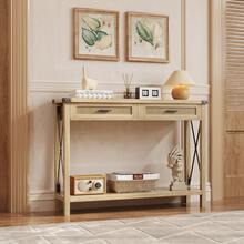 Mesa de entrada de granja con 2 cajones, mesa consola Rataan para entrada, mesa de sofá de madera para sala de estar, vestíbulo, pasillo - Camel - Ver 6
