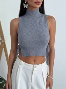 Grauer ärmelloser Rollkragen Strickoberteil, Seitenbindung Design, gerippte Textur, Slim Fit - sexy und schicker Stil, ideal für Wochenendverabredungen, lässiges Einkaufen, Bar-Treffen und Stadtbummel - Grau - Übersicht 5