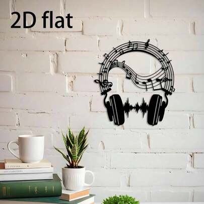 【墙面雕塑】1个45厘米/17.72英寸2D扁平音乐符号耳机吊坠，铁艺复古风格，现代风格，家居装饰，客厅装饰，卧室装饰，是一件令人惊叹的艺术品，适合咖啡馆、酒吧、公寓。