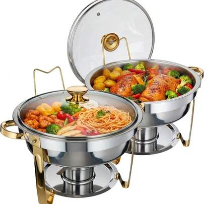 Juego de buffet Chafer redondo de 5 cuartos (aprox. 4,7 L): juego de servir de acero inoxidable con tapa de vidrio para mantener la comida caliente, ideal para catering, eventos, fiestas y cenas en dorado y plateado.