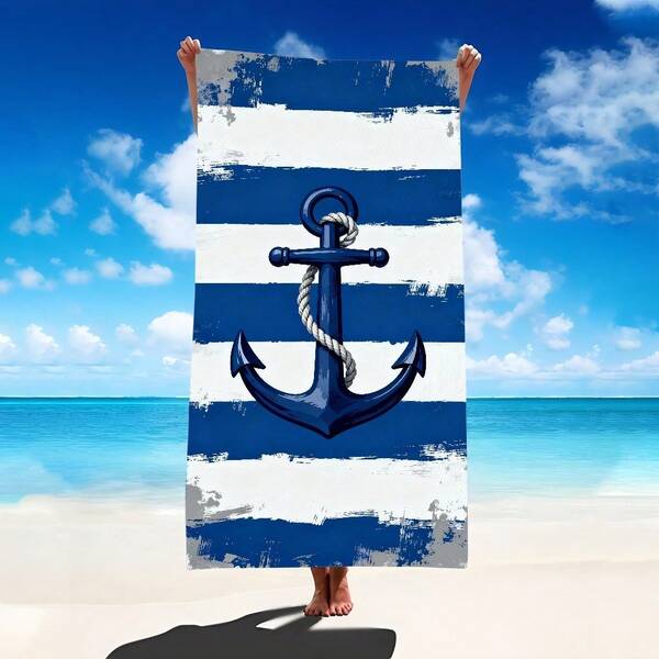 1 pieza Toalla de playa con diseño náutico de ancla, tortuga marina y rayas azules y blancas, súper suave de microfibra extra grande, altamente absorbente, adecuada para viajes, piscina, buceo, surf, yoga, camping, disponible en varios tamaños, accesorios de playa