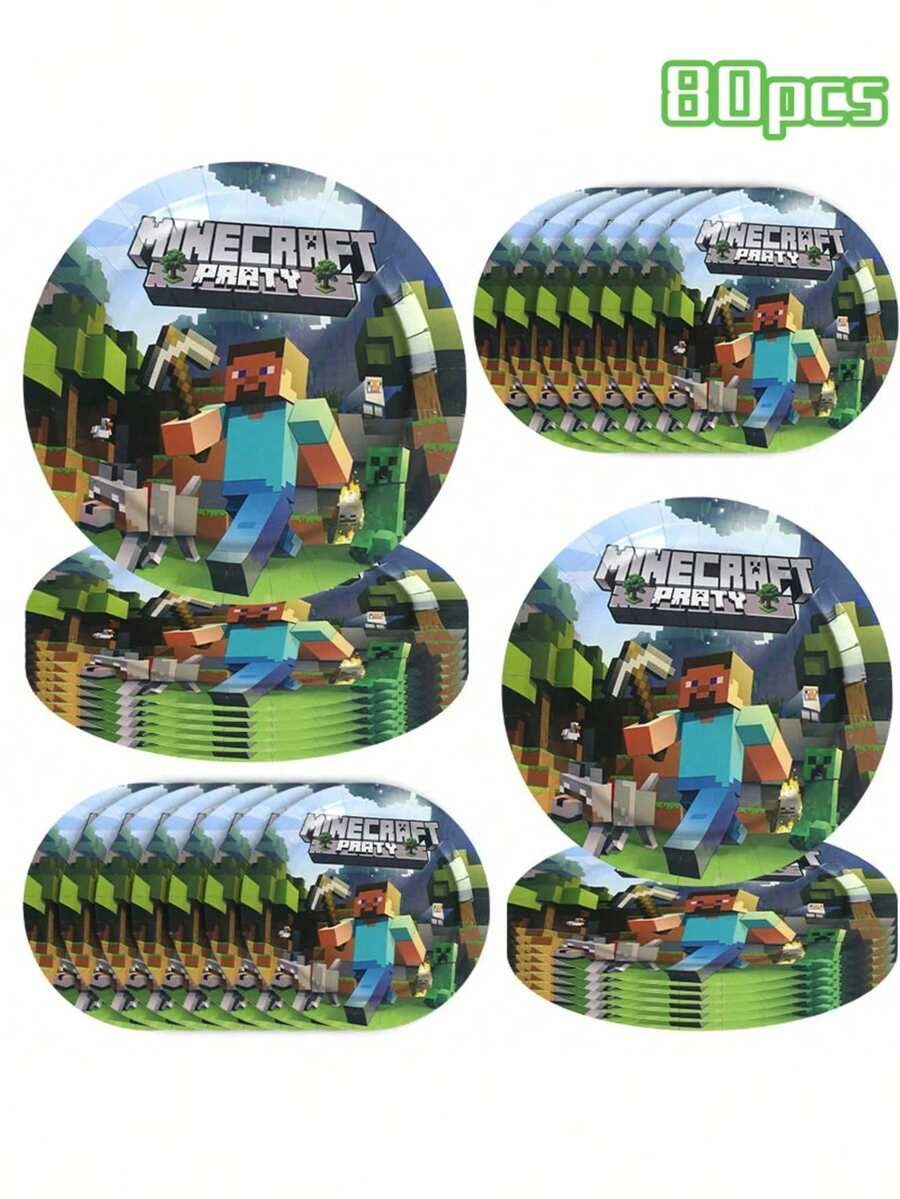 40/80件套我的世界主题派对用品，7英寸和9英寸一次性纸盘套装，适用于节日、万圣节、家庭聚会、婚礼和生日派对 - 彩色 - 查看 1
