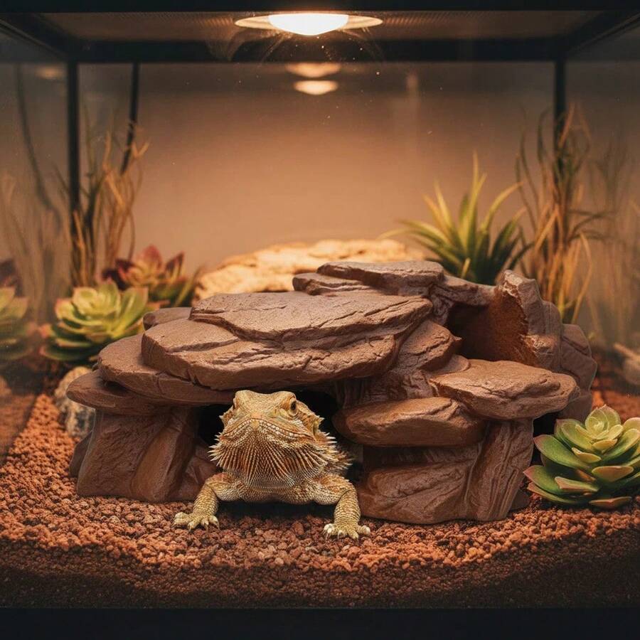 Cueva de roca negra imitada impresa en 3D, de uso dual para acuario y terrario de reptiles, refugio de múltiples espacios para peces, camarones, geckos, lagartos, decoración de estilo paisajístico natural, material impreso en 3D - A - Ver 1
