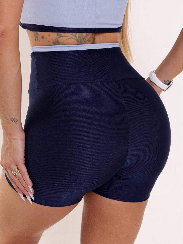 Duo Ribbed Fitness Shorts, High Waist, Compression, Comfort, Gym - Azul Marino - Añade 3