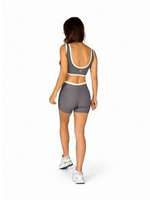 Women's Fitness Set Cropped Top + High Waist Shorts - 灰色 - 查看 4